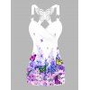 Colorful Butterfly Floral Print Tank Top Lace Butterfly Back Ruched Surplice O Ring Strap Tank Top