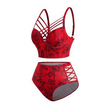 Valentine`s Day Rose Print Underwire Crisscross High Waisted Bikini Swimwear Set 