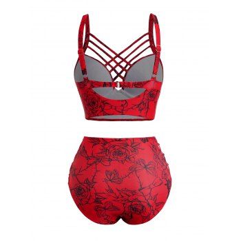 Valentine`s Day Rose Print Underwire Crisscross High Waisted Bikini Swimwear Set 