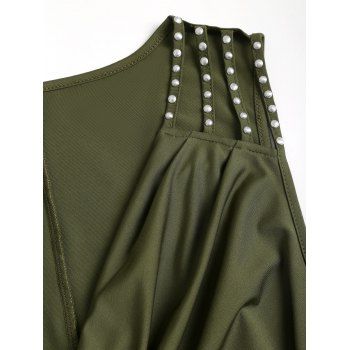 Solid Color Rivet Design Hollow Out Shoulder Top Cowl Neck Ruched Hem Summer Top 