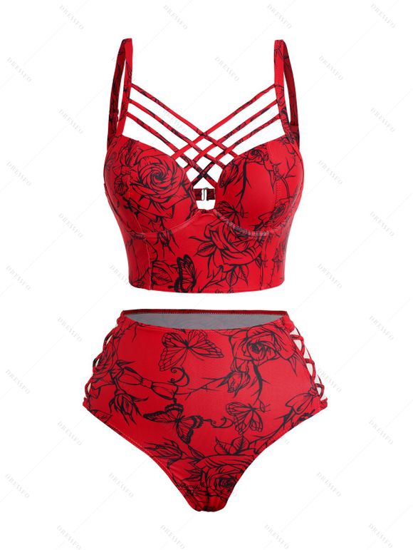 Maillot de Bain Bikini Croisé Rose Imprimée à Taille Haute à Armature Saint-Valentin - Rouge M | US 6