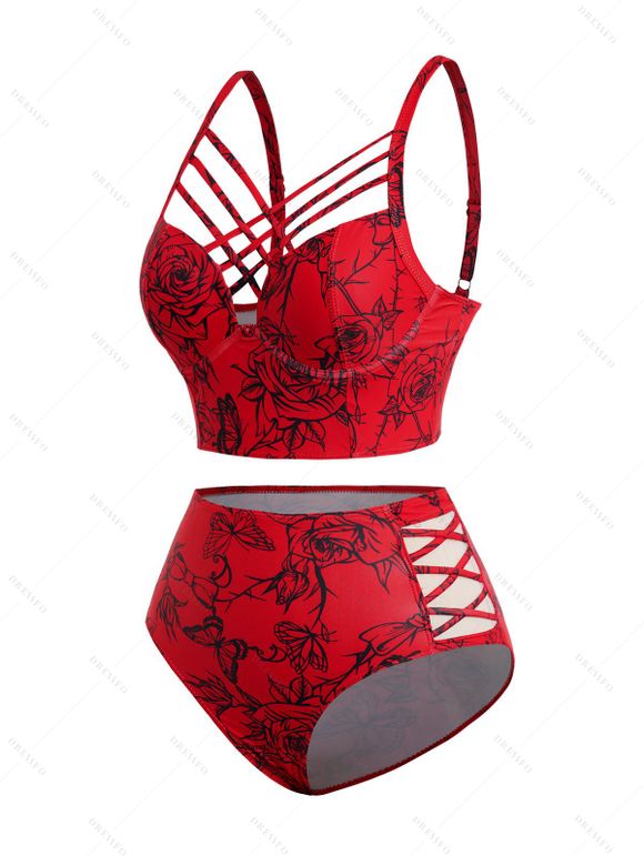 Maillot de Bain Bikini Croisé Rose Imprimée à Taille Haute à Armature Saint-Valentin - Rouge S | US 4