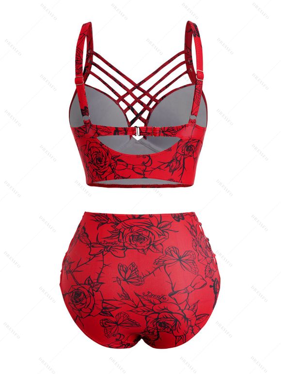 Maillot de Bain Bikini Croisé Rose Imprimée à Taille Haute à Armature Saint-Valentin - Rouge S | US 4