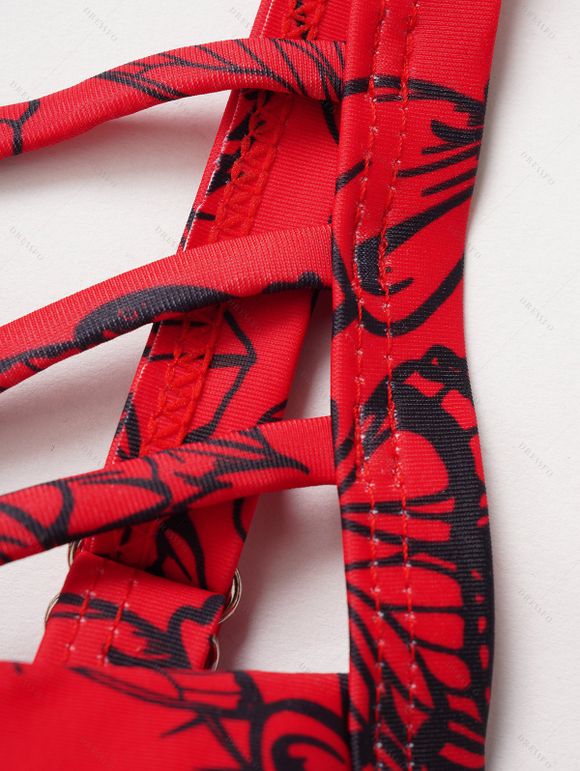 Maillot de Bain Bikini Croisé Rose Imprimée à Taille Haute à Armature Saint-Valentin - Rouge S | US 4