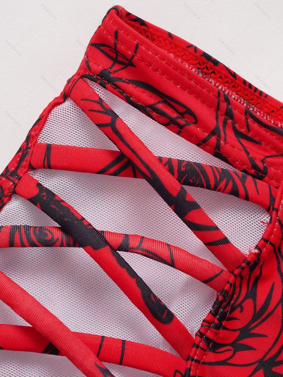 Maillot de Bain Bikini Croisé Rose Imprimée à Taille Haute à Armature Saint-Valentin - Rouge S | US 4