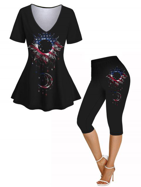 T-shirt Moulant Drapeau Américain Lune et Soleil Imprimés à Taille Elastique