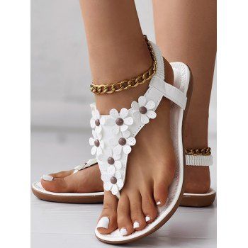 Floral Design Flat Sandals Solid Color Open Toe Elastic Ankle Strap Thong Sandals