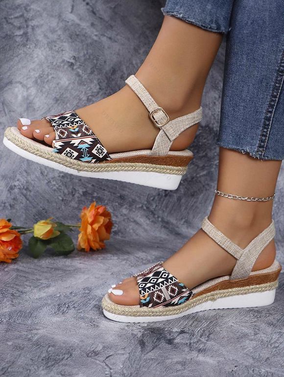 New Fashionable Tribal Pattern Flat Open Toe Wedge Heel Sandals - Abricot EU 43
