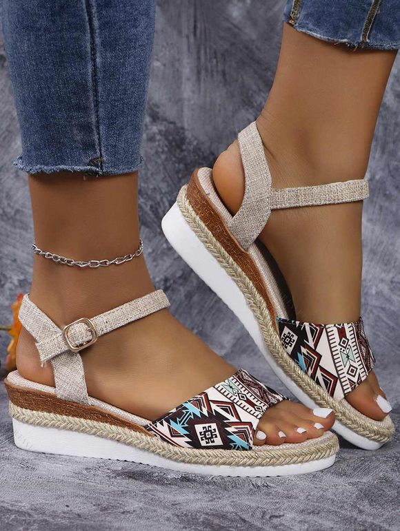 New Fashionable Tribal Pattern Flat Open Toe Wedge Heel Sandals - Abricot EU 43