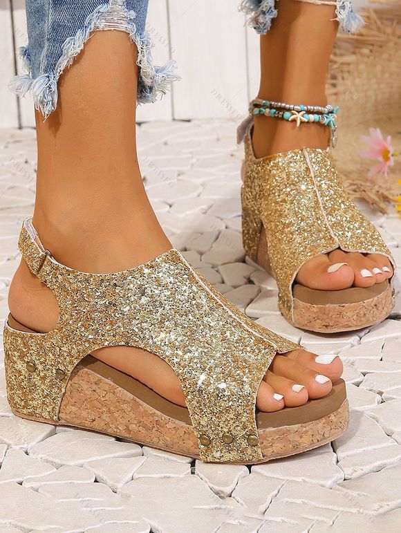 Sequin Decor Peep Toe Hook-and-loop Fastener Slingback Thick Wedge Sandals - d'or EU 37