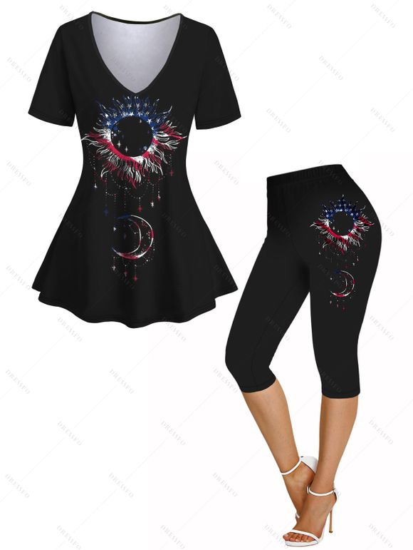 T-shirt Moulant Drapeau Américain Lune et Soleil Imprimés à Taille Elastique - Noir S | US 4