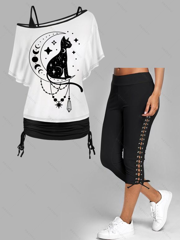 Ensemble de T-shirt Moulant Déchiré Motif de Chat et de Lune à Lacets - Noir S | US 4
