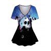 T-shirt Orné de Crâne et Galaxie à Col en V Lacé en Couleur Solide - Bleu S | US 4