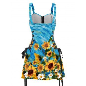 Sunflower Print Lace Up Mini Dress Half Zipper Adjustable Buckle Strap Dress