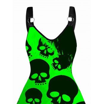 Skull Print V Neck Dress O Ring Straps Sleeveless A Line Tank Dress