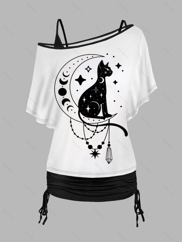 Ensemble de T-shirt Motif de Chat et de Lune à Epaule Dénudée Deux Pièces à Bretelle Fine - Blanc XXL | US 12
