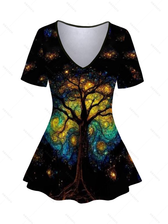 T-shirt Décontracté Arbre Galaxie Imprimé Manches Courtes à Col V - Noir M | US 6