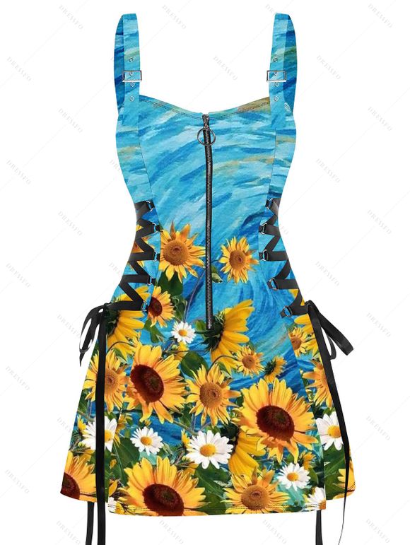 Mini Robe à Bretelle Ajustable Tournesol Imprimé à Demi-Zip à Lacets - Bleu clair XXL | US 12