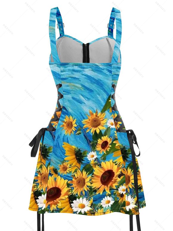 Mini Robe à Bretelle Ajustable Tournesol Imprimé à Demi-Zip à Lacets - Bleu clair XXL | US 12