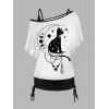 Ensemble de T-shirt Motif de Chat et de Lune à Epaule Dénudée Deux Pièces à Bretelle Fine - Blanc XL | US 10