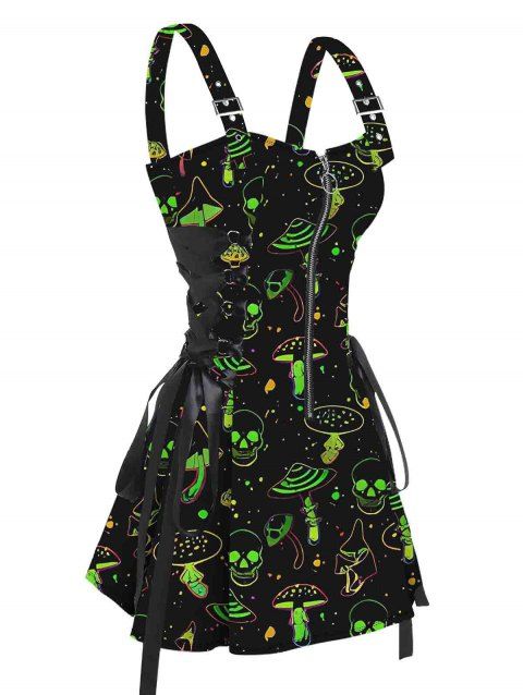Galaxy Skull Mushroom Print Lace Up Mini Dress Half Zipper Adjustable Buckle Strap Dress