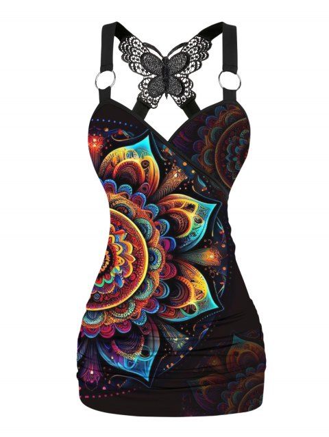 Art Nouveau Print Tank Top Lace Butterfly Back Ruched Surplice O Ring Strap Tank Top