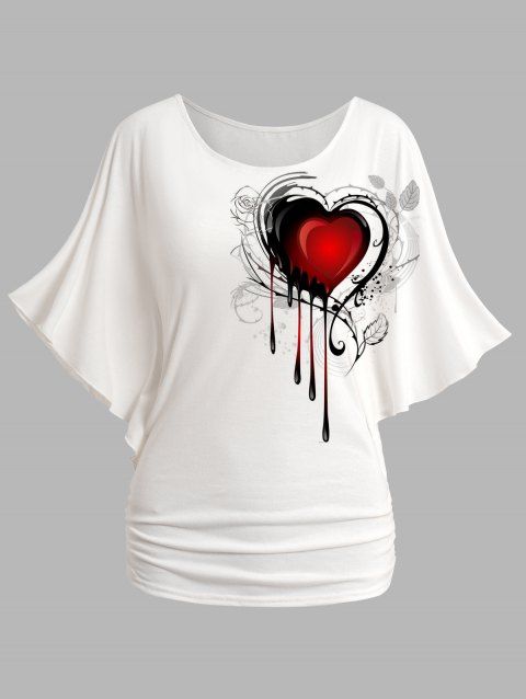 T-shirt Lâche Cœur Imprimé à Epaule Dénudée à Manches Chauve-souris à Volants