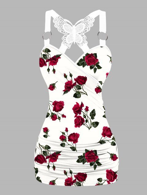 Débardeur D'Eté Superposé Motif de Rose de Papillon en Dentelle