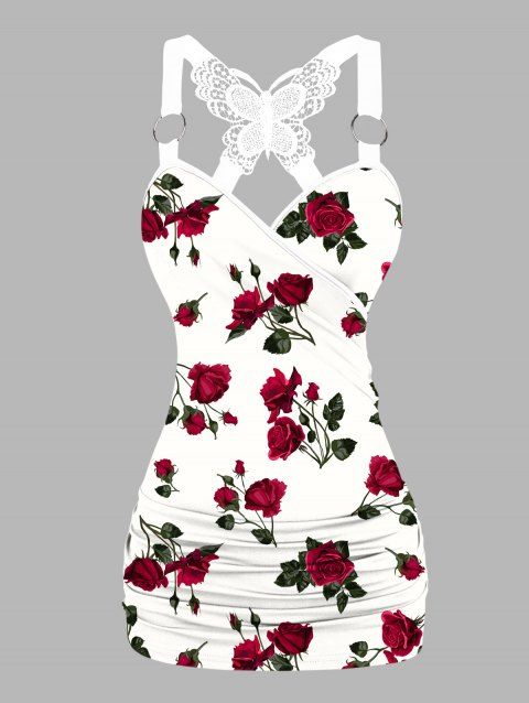 Rose Pattern Ruched Butterfly Lace Tank Top O Ring Surplice Summer Top