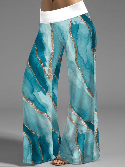 Pantalon Décontracté Long Imprimé Turquoise à Taille Élastique