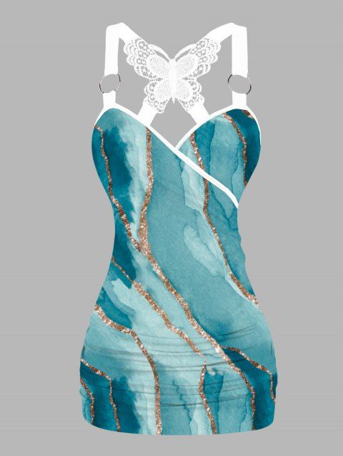 Turquoise Pattern Ruched Butterfly Lace Tank Top Cross O Ring Surplice Summer Top