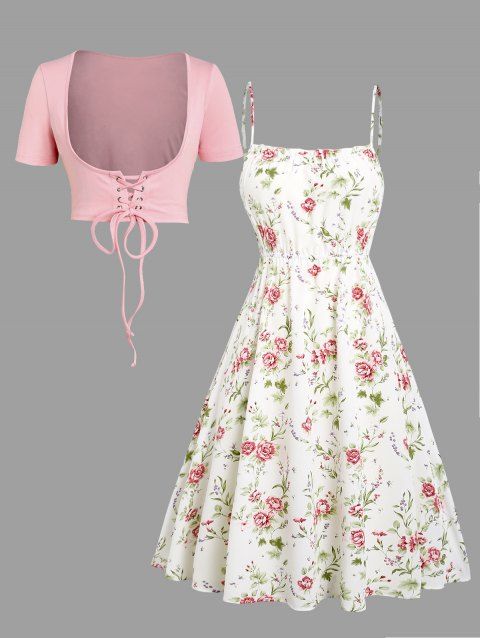 Ensemble de Robe Fleurie Imprimée à Taille Haute sans Manches à Lacets et de Haut Court