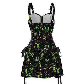 Galaxy Skull Mushroom Print Lace Up Mini Dress Half Zipper Adjustable Buckle Strap Dress