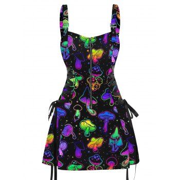 Galaxy Colorful Mushroom Print Lace Up Mini Dress Half Zipper Adjustable Buckle Strap Dress 