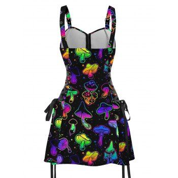 Galaxy Colorful Mushroom Print Lace Up Mini Dress Half Zipper Adjustable Buckle Strap Dress