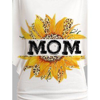 Mother's Day Sunflower Print Oblique Shoulder Batwing Sleeve Ruched Hem Loose T-shirt