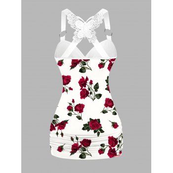Rose Pattern Ruched Butterfly Lace Tank Top O Ring Surplice Summer Top 