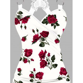 Rose Pattern Ruched Butterfly Lace Tank Top O Ring Surplice Summer Top