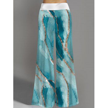 Turquoise Print Wide Leg Pants Elastic Waist Casual Long Pants
