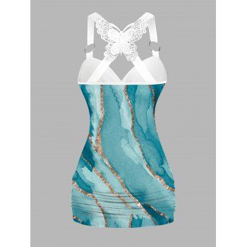 Turquoise Pattern Ruched Butterfly Lace Tank Top Cross O Ring Surplice Summer Top 
