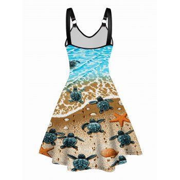 Allover Beach Turtle Print V Neck Dress O Ring Straps Sleeveless A Line Tank Dress