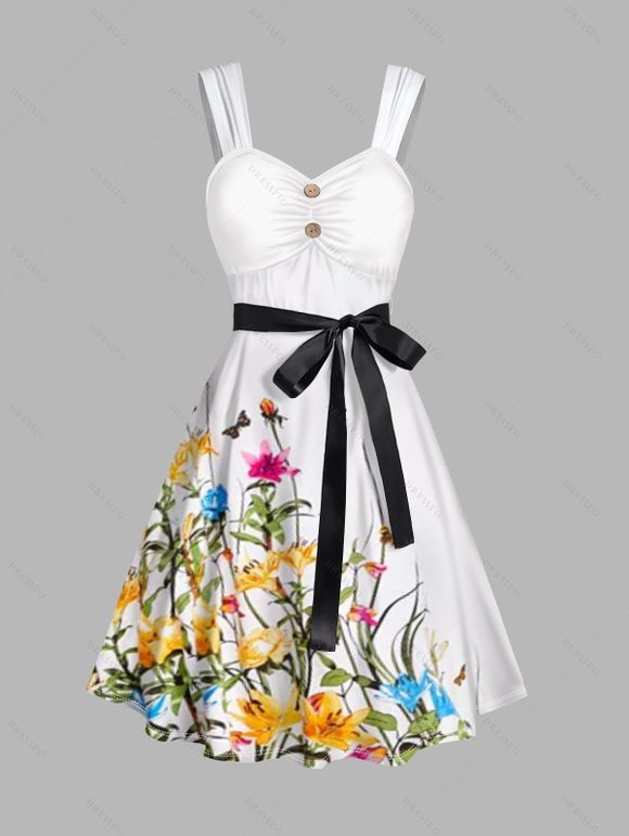 Robe Fleur Papillon Imprimés avec Bouton Poitrine à Volants sans Dos - Blanc XXL | US 12