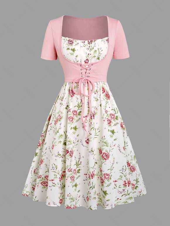 Ensemble de Robe Fleurie Imprimée à Taille Haute sans Manches à Lacets et de Haut Court - Rose clair M | US 6