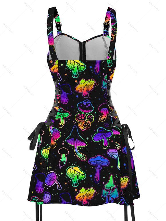 Mini Robe Courte Bretelle Bouclée Champignon Coloré Imprimé à Lacets - Noir S | US 4