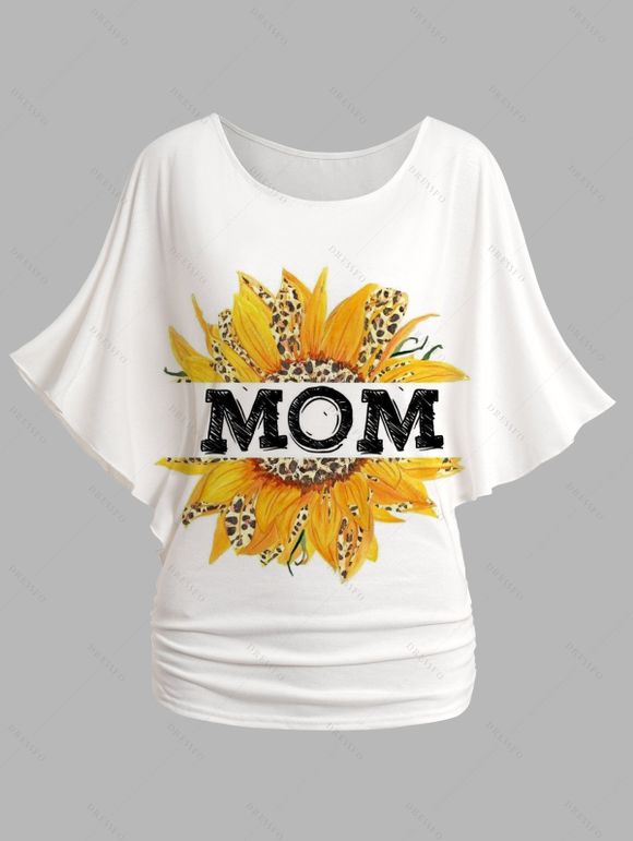 T-shirt Lâche Tournesol Imprimé à Epaule Dénudée à Manches Chauve-souris à Ourlet Oblique - Blanc XL | US 12