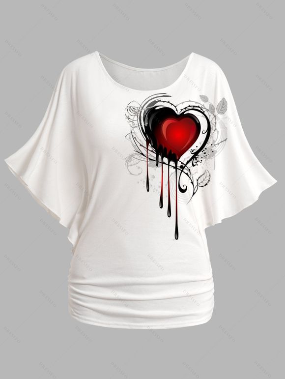 T-shirt Lâche Cœur Imprimé à Epaule Dénudée à Manches Chauve-souris à Volants - Blanc M | US 6