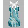 Turquoise Pattern Ruched Butterfly Lace Tank Top Cross O Ring Surplice Summer Top