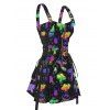 Galaxy Colorful Mushroom Print Lace Up Mini Dress Half Zipper Adjustable Buckle Strap Dress