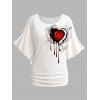 T-shirt Lâche Cœur Imprimé à Epaule Dénudée à Manches Chauve-souris à Volants - Blanc XXL | US 14