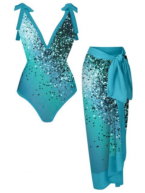Glitter Sparkling Sequins Ombre Tie Shoulder Sleeveless Swimwear Sheer Cover Up Wrap Skirt Bathing Suit